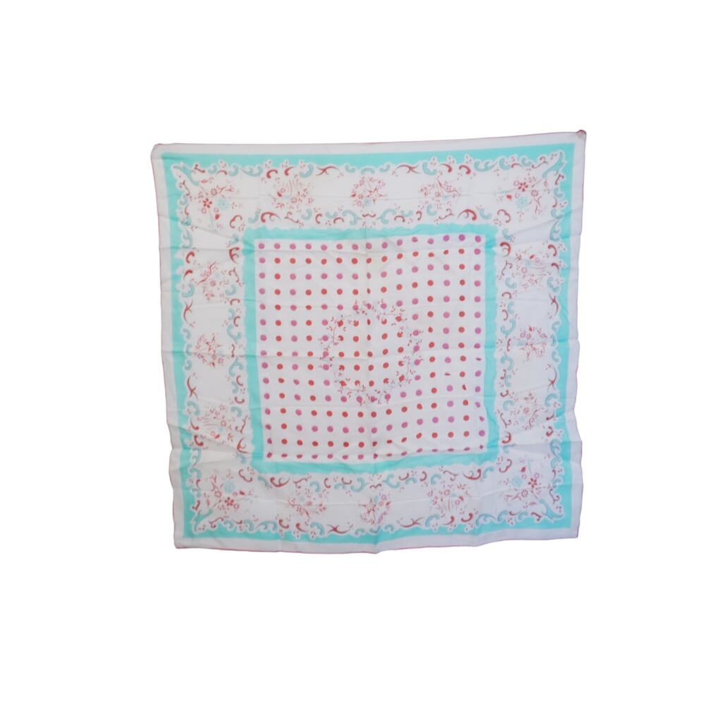 Vintage Giammona Rayon Silk Scarf White Red Polka Dot Blue Floral 30x30 Japan